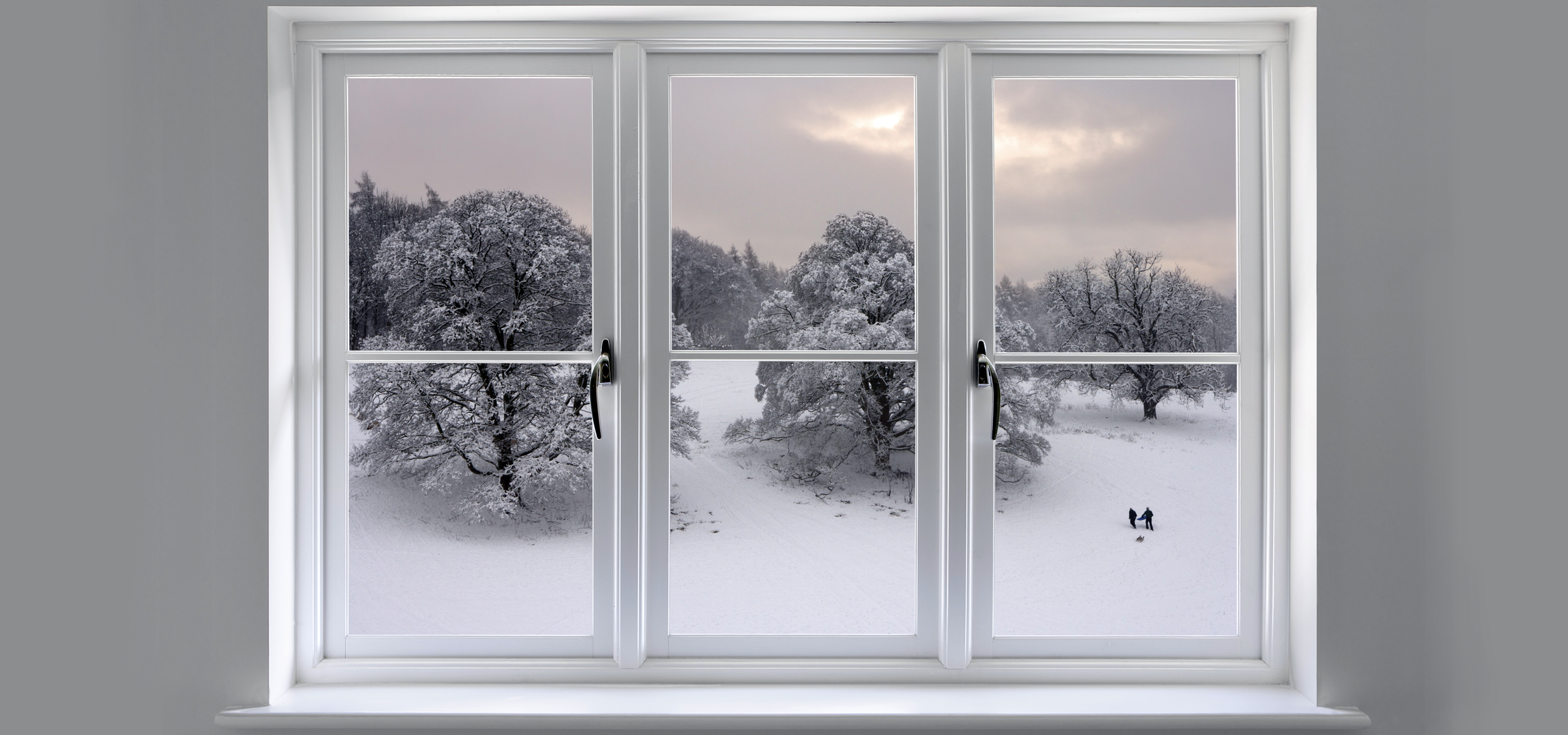 Windows with handles looking upon a winter scene.